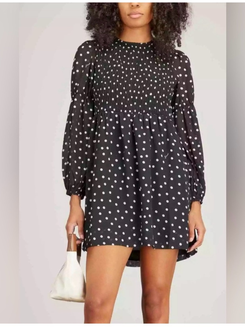 Ganni Black & White Polka Dot Smocked Mini Dress